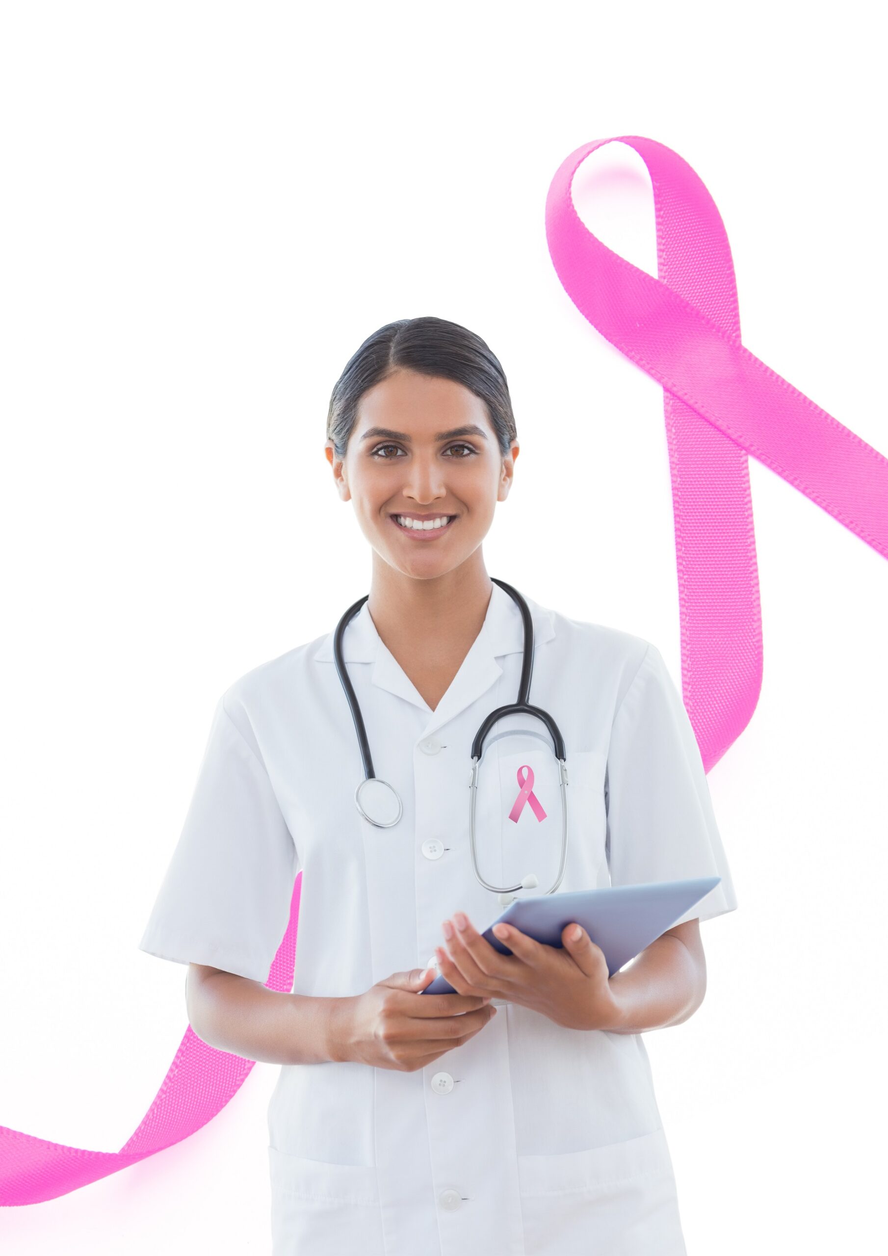 Digital composite of Doctor woman with breast cancer awareness ribbon